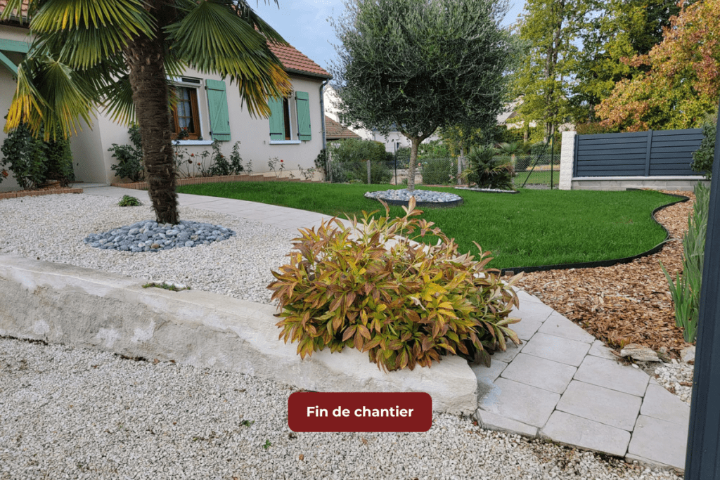 Aménagement extérieur avec plantations d'arbres et fleurs, bordures paysagères